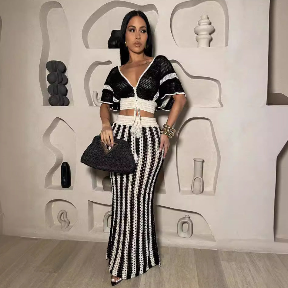 Black and White Striped Two-Piece Outfit