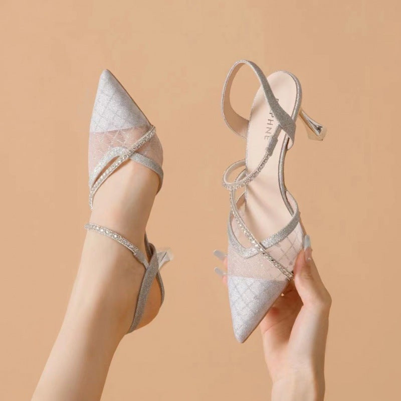 High Heeled Sandals Women's Summer New Girl Rhinestone Pointed Toe Shallow