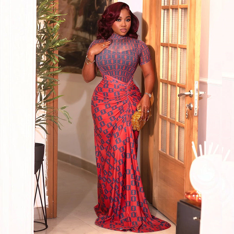 Red Chain Print High Neck Dress - Elegant Pleated Bodycon Tunic | MTS-Glamour