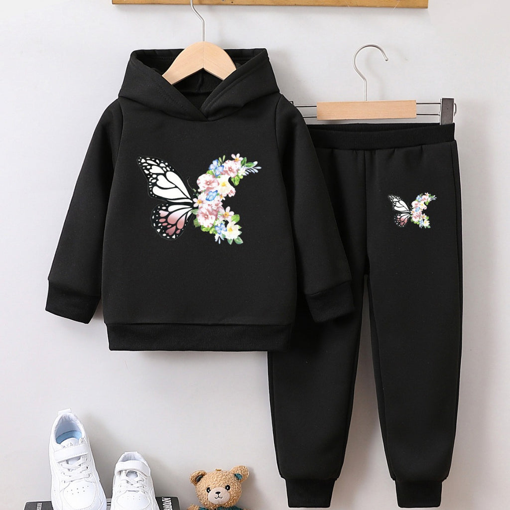 Sweatshirt two-piece butterfly print girl autumn and winter pullover set