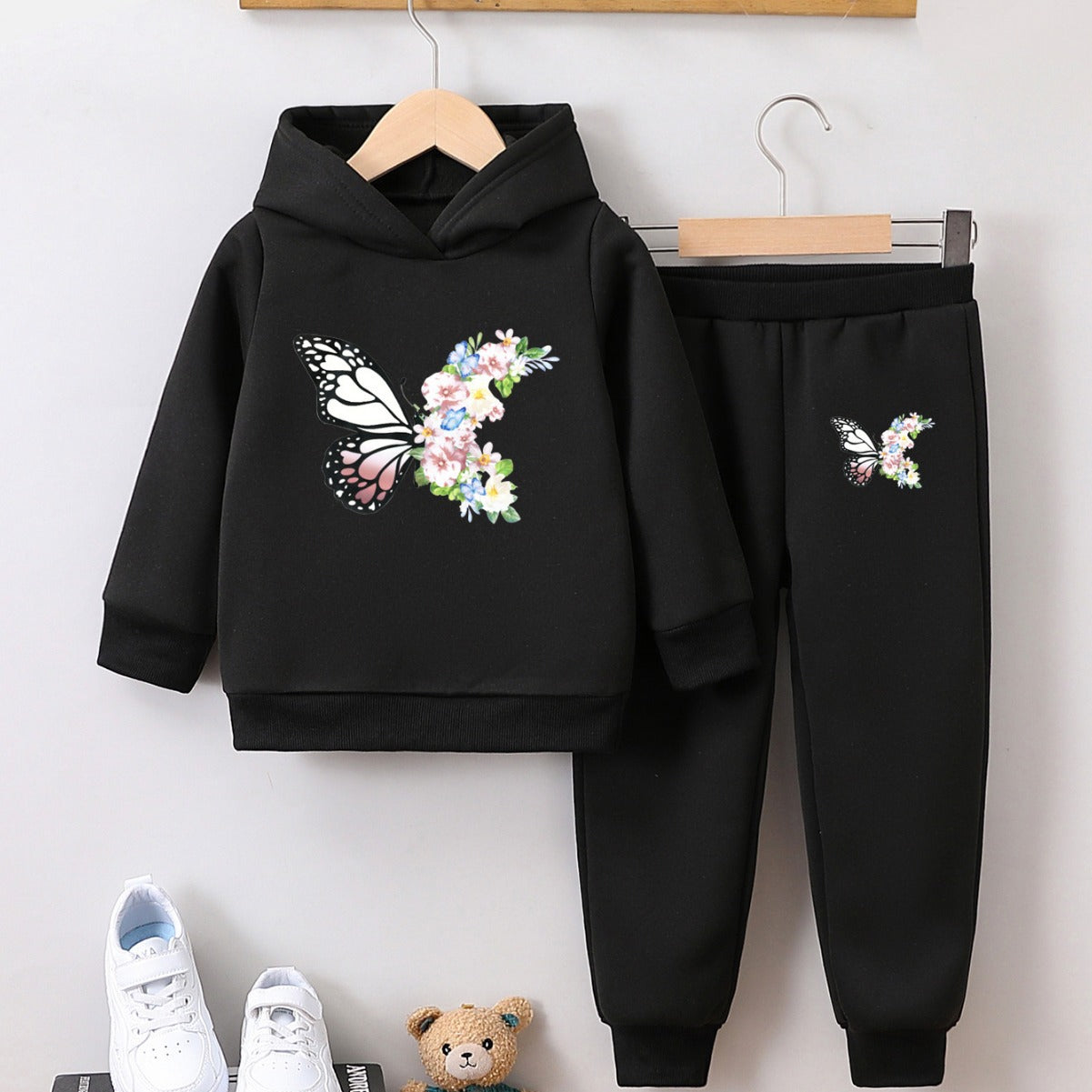 Sweatshirt two-piece butterfly print girl autumn and winter pullover set