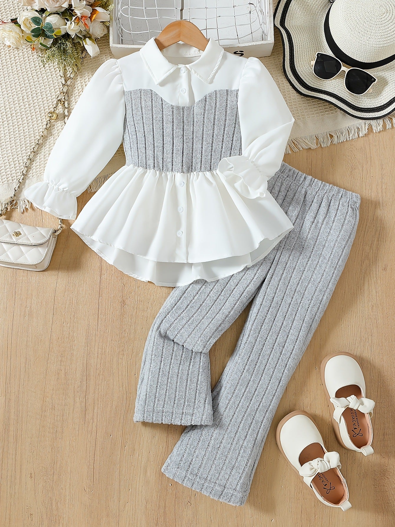 Girls White Shirt & Grey Knit Pants Set - Elegant Two-Piece Outfit