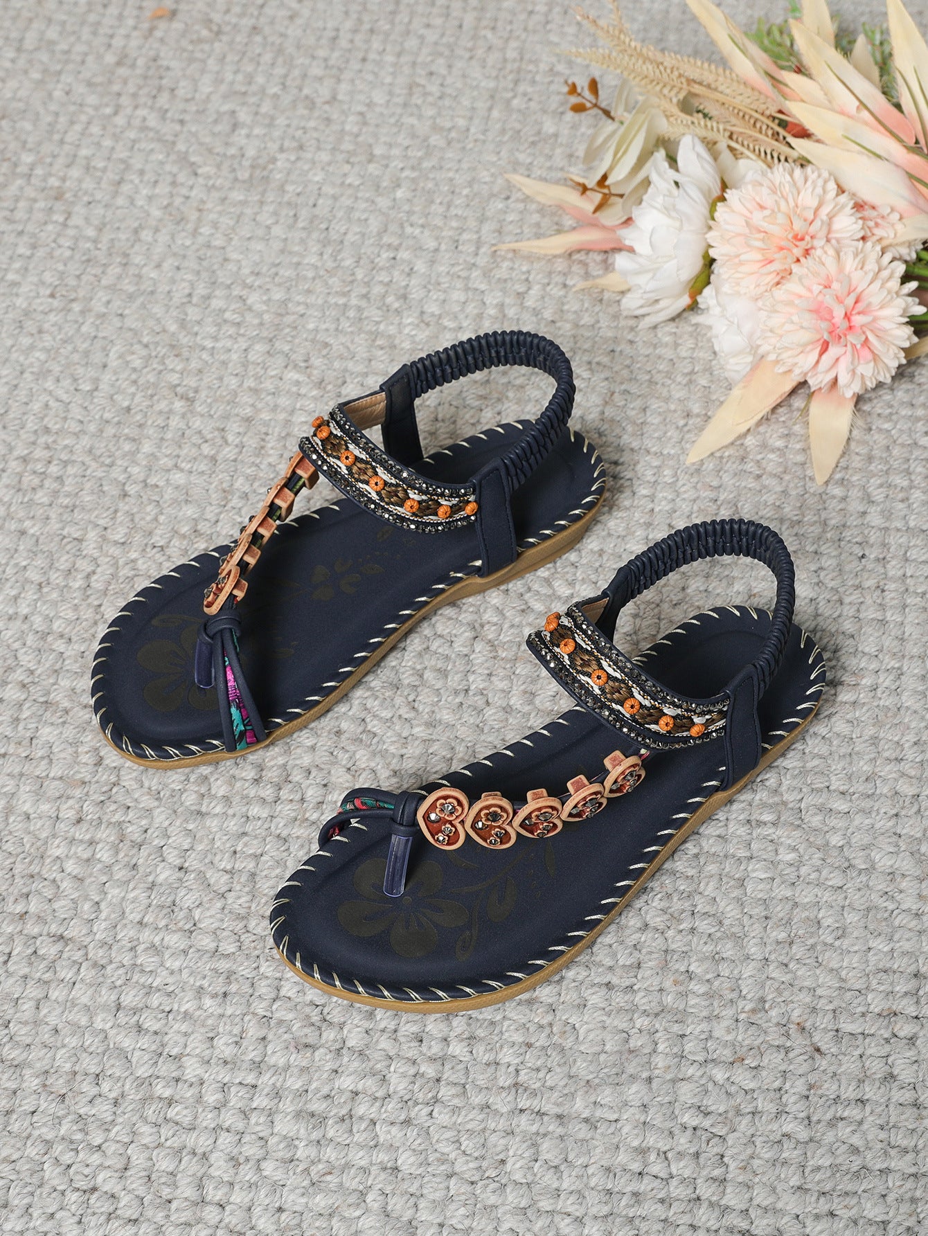ethnic style women's shoes, summer fashion beach flat sandals, beaded diamond