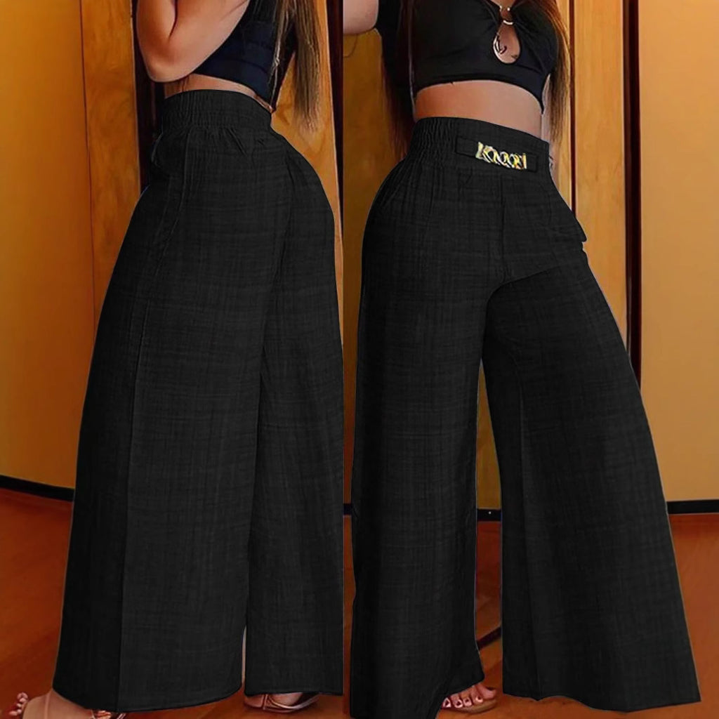 High-Waisted Wide Leg Trousers with Chain Detail - Women's Fashion Pants