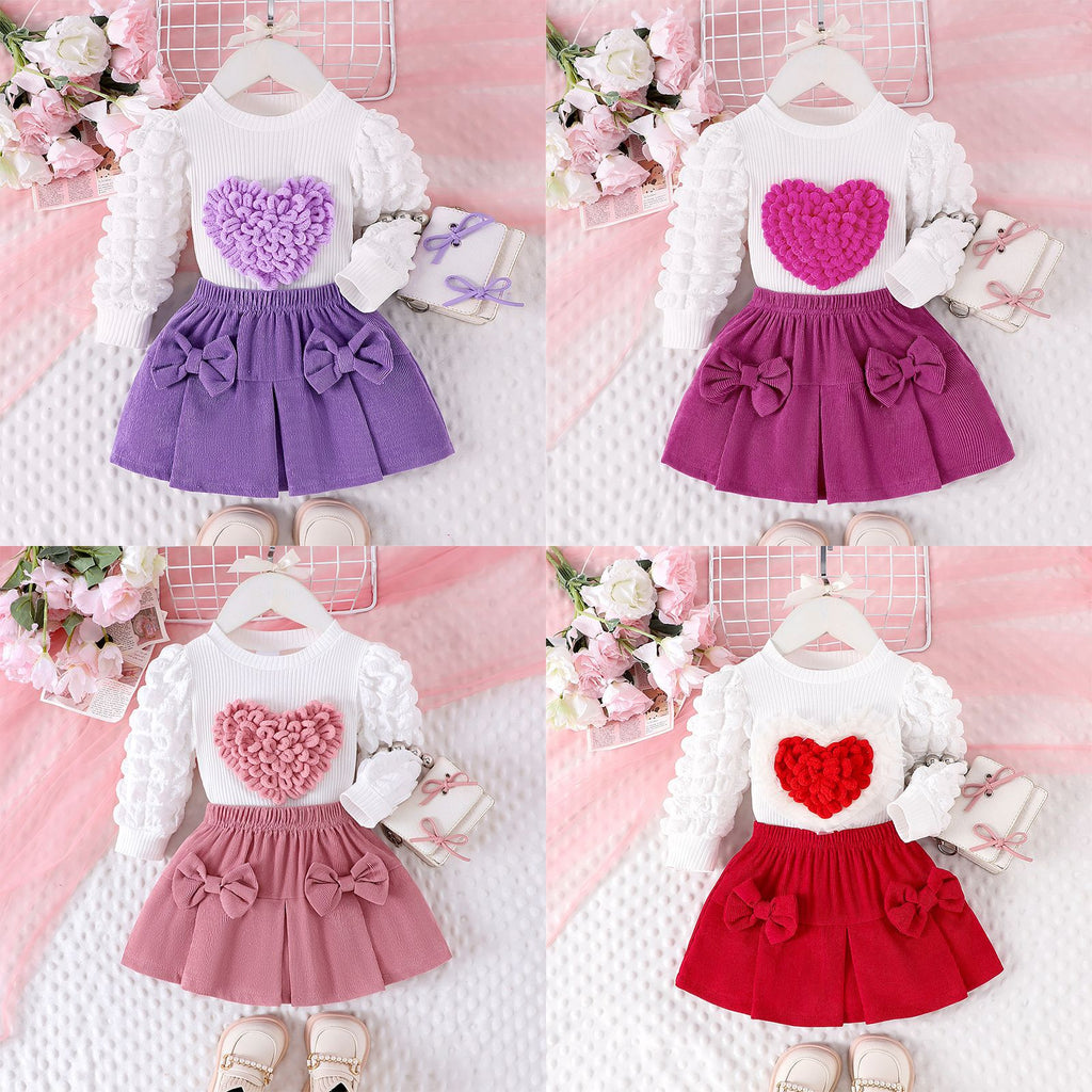 Children's suit puff sleeve love top + bow short skirt two-piece set
