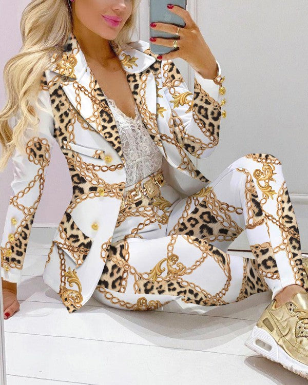 Luxe Chain &amp; Leopard Print Power Suit – Women’s Fashion Set