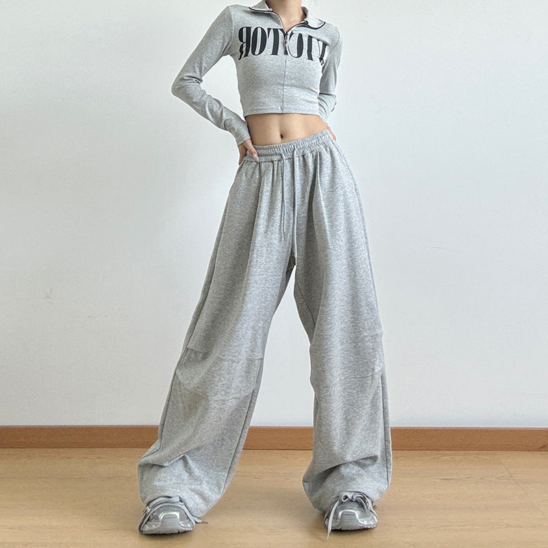 American Grey Sweatpants Women's Autumn 2024 New High Waist Straight Leg Loose Casual Sweatpants Cargo Wide-leg Pants