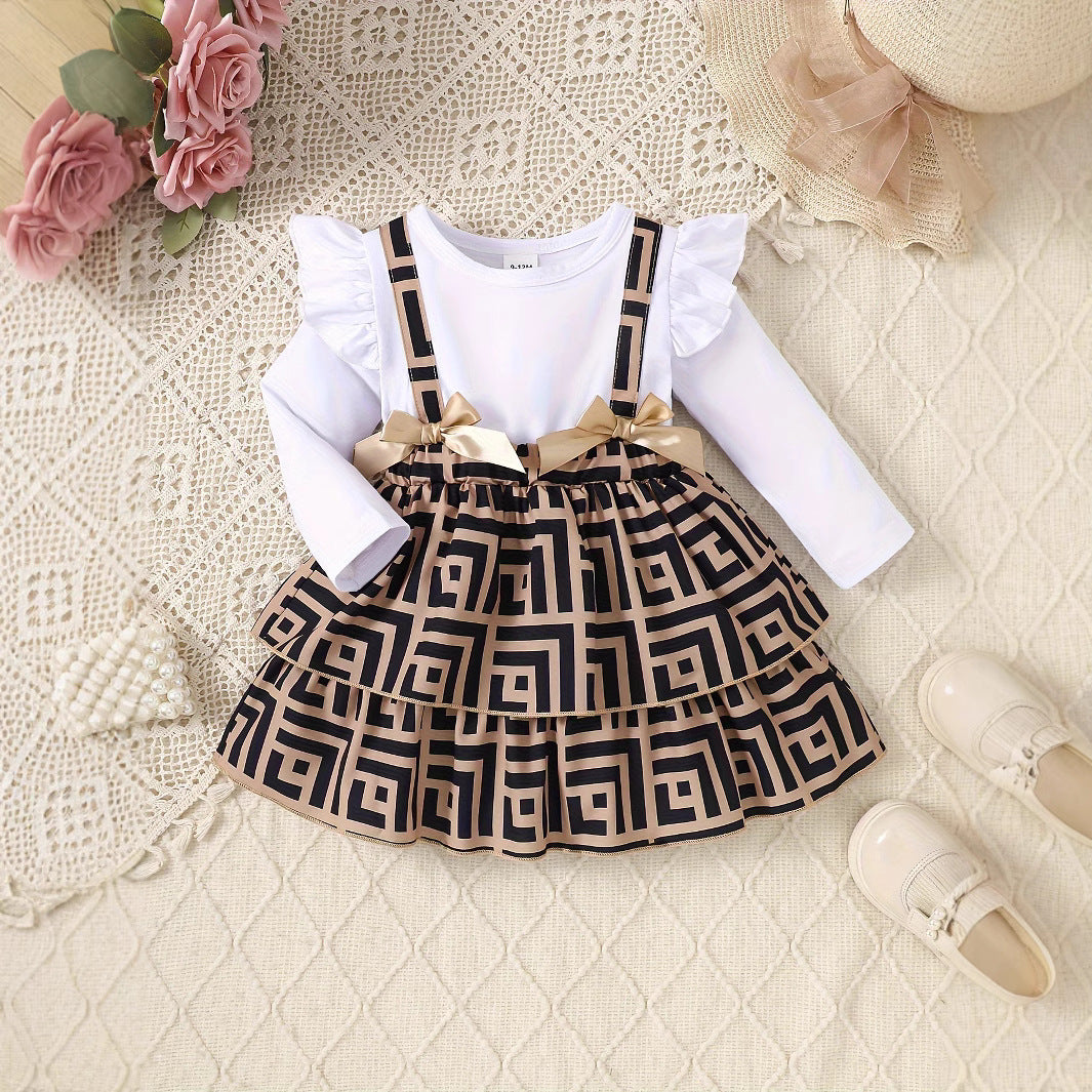 Spring and Autumn Baby Girl Round Neck Ruffles Long Sleeves Stitched Dress