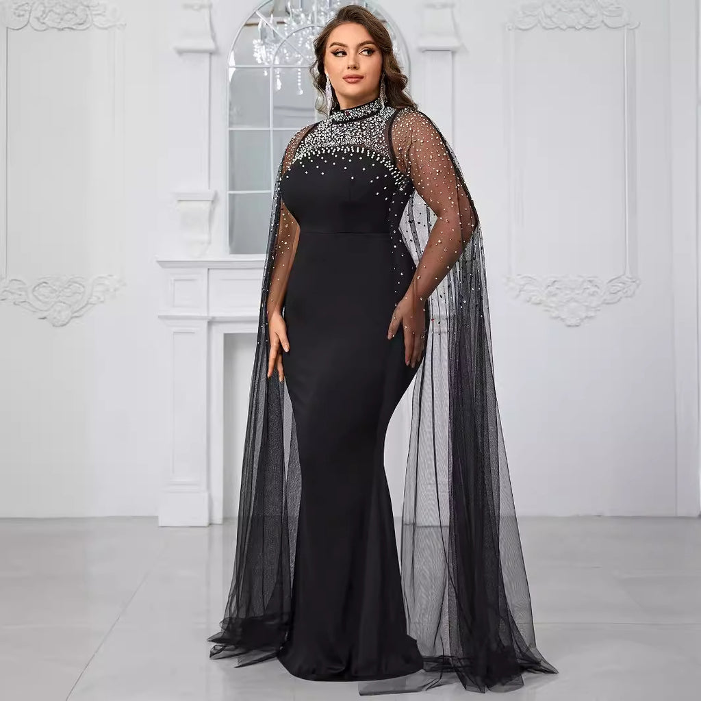 Women Plus Size Prom Evening Dress High Neck Beaded Hot Diamond Evening Dress Slim Fit Elegant Banquet Dress - FSSN261