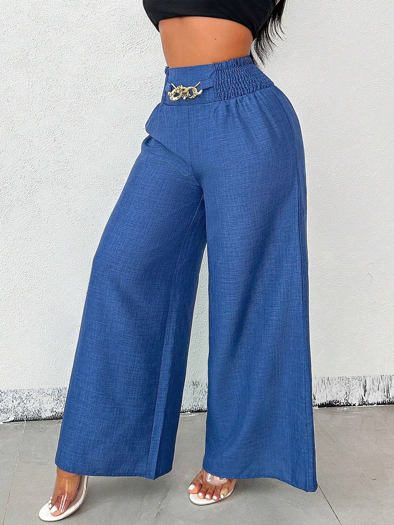 High-Waisted Wide Leg Trousers with Chain Detail - Women's Fashion Pants