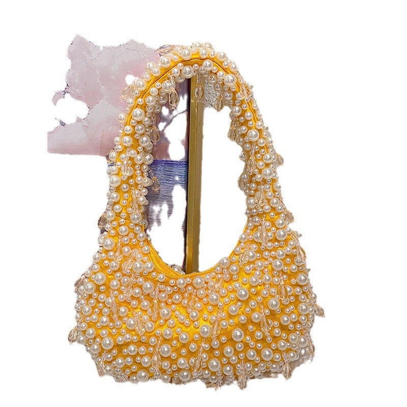 Pearl Beaded Handbag Luxury Yellow Designer Shoulder Bag with Crystal Details