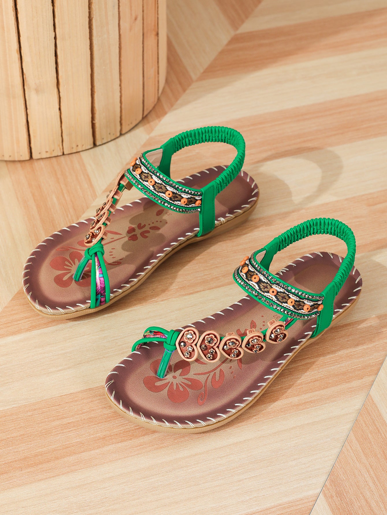 ethnic style women's shoes, summer fashion beach flat sandals, beaded diamond