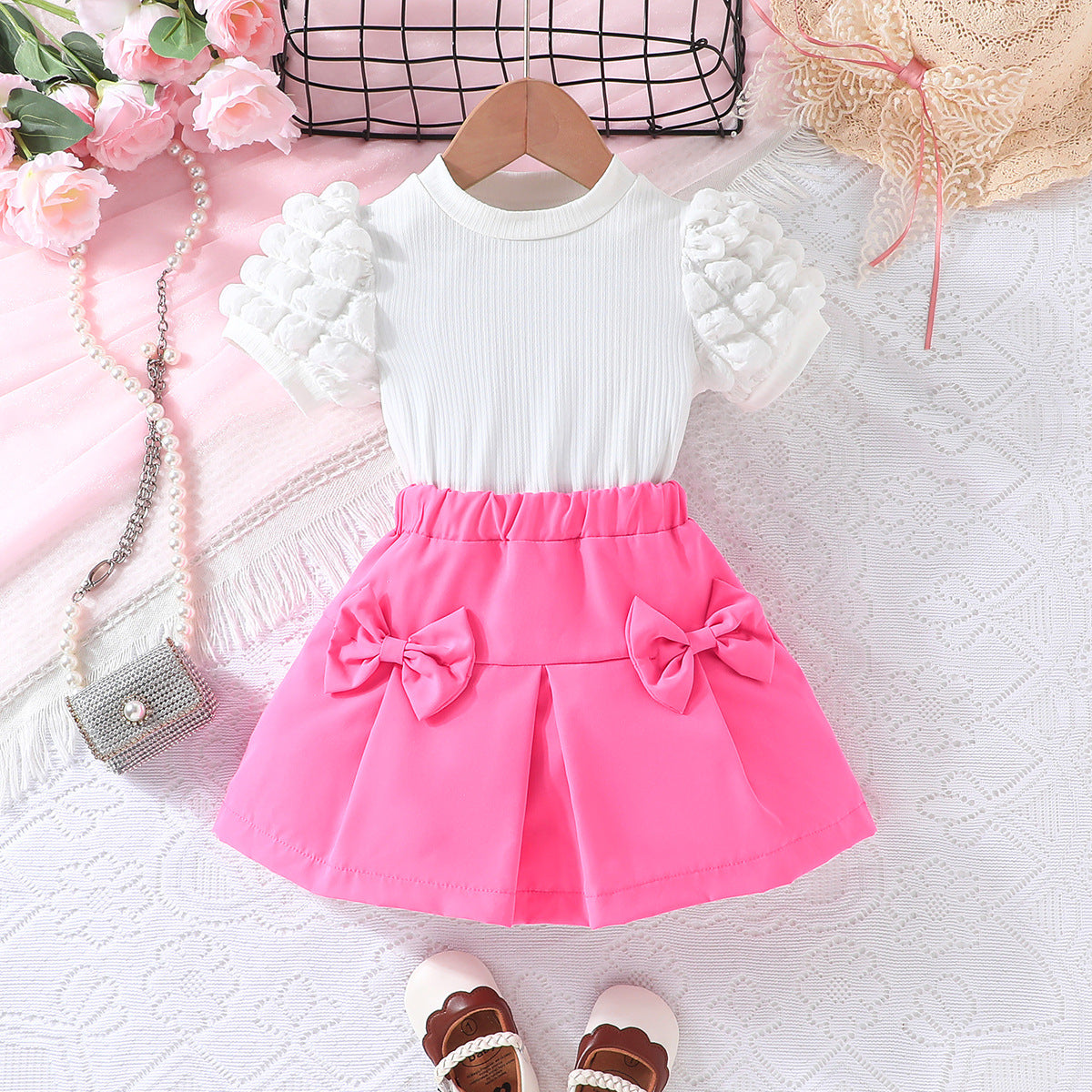Girls Bubble Short Sleeve Top with Bow Short Skirt