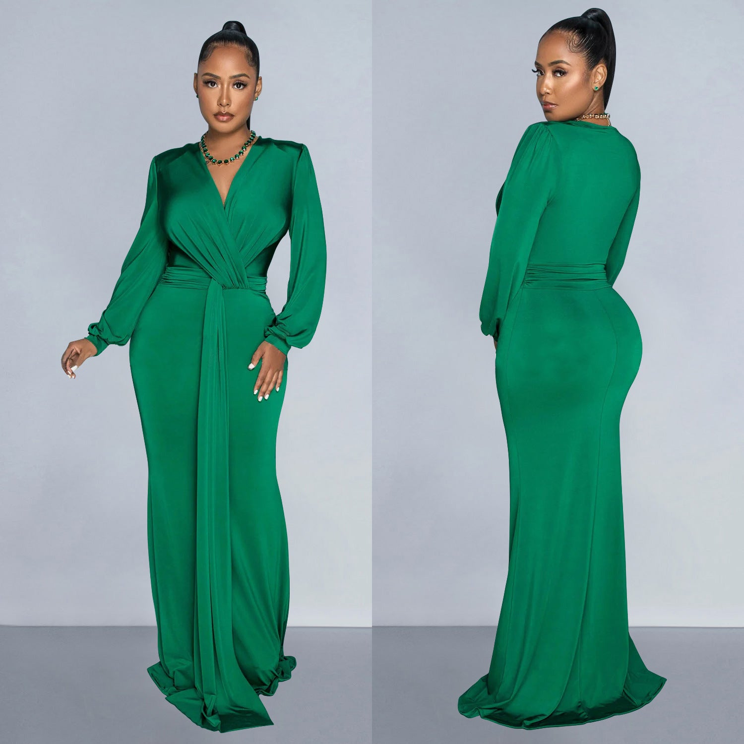 fashion women's solid color sexy deep V pleated long skirt dress women