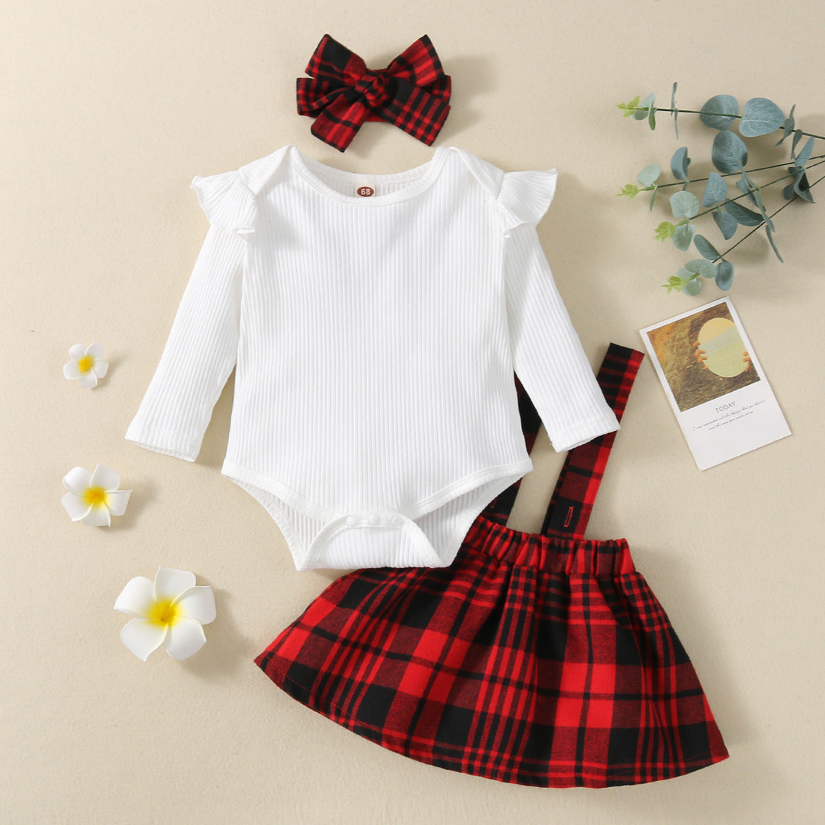 Baby foreign air flying sleeve triangle crawler dress plaid strap skirt baby girl