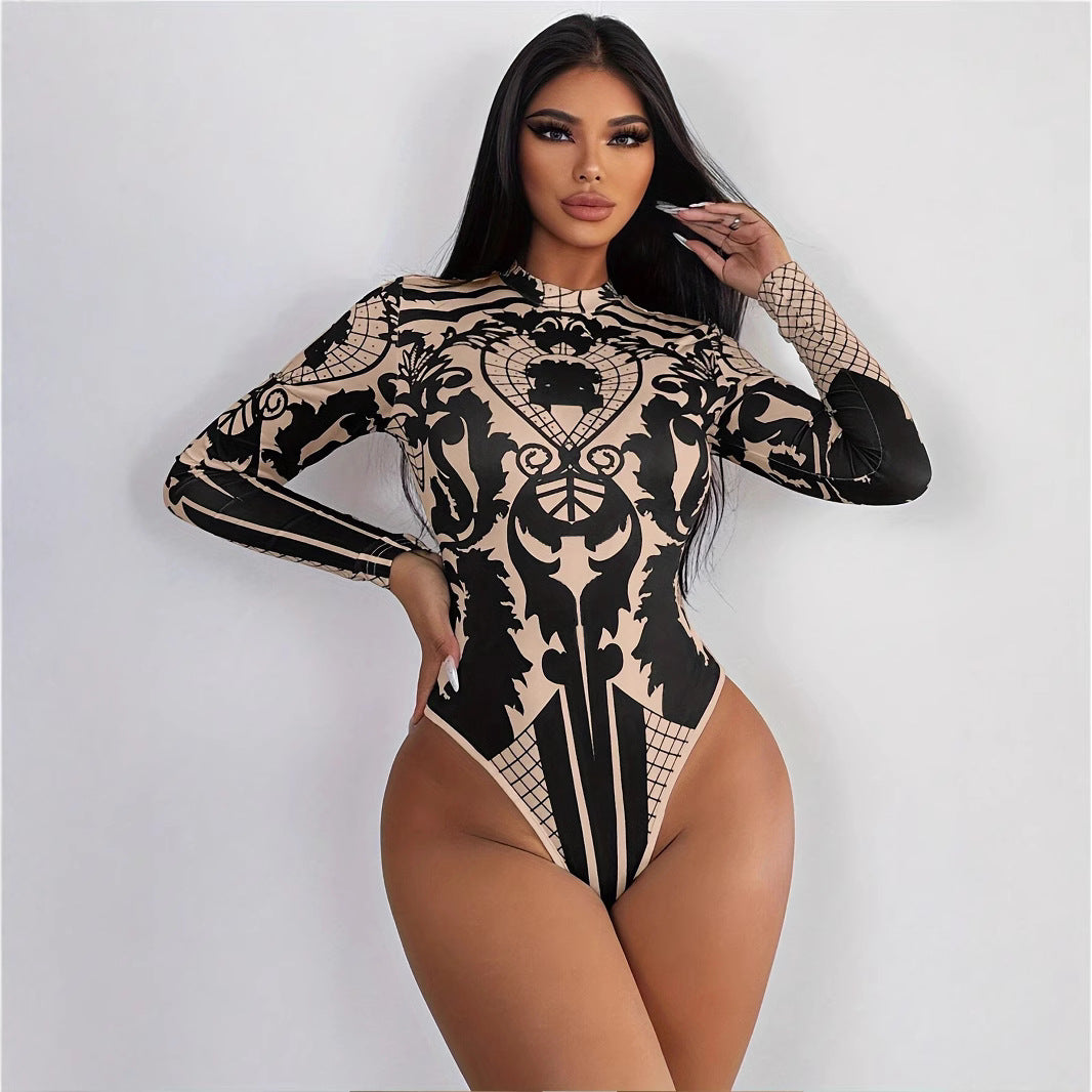 Black Lace Bodysuit - Sexy Sheer Long Sleeve Top with Intricate Pattern Design