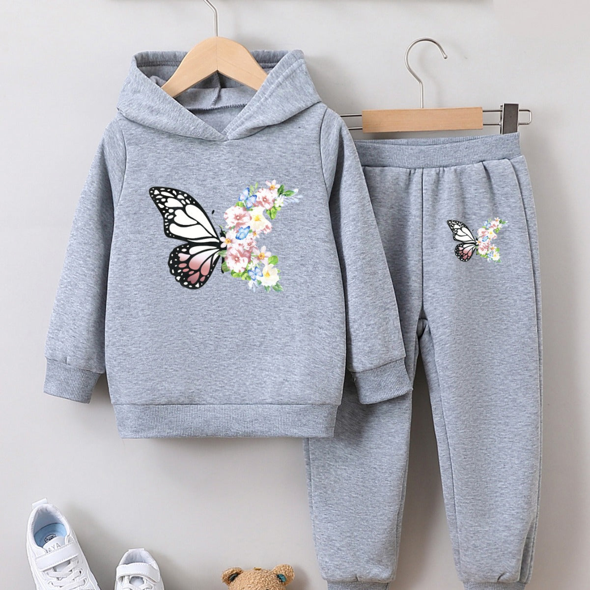 Sweatshirt two-piece butterfly print girl autumn and winter pullover set