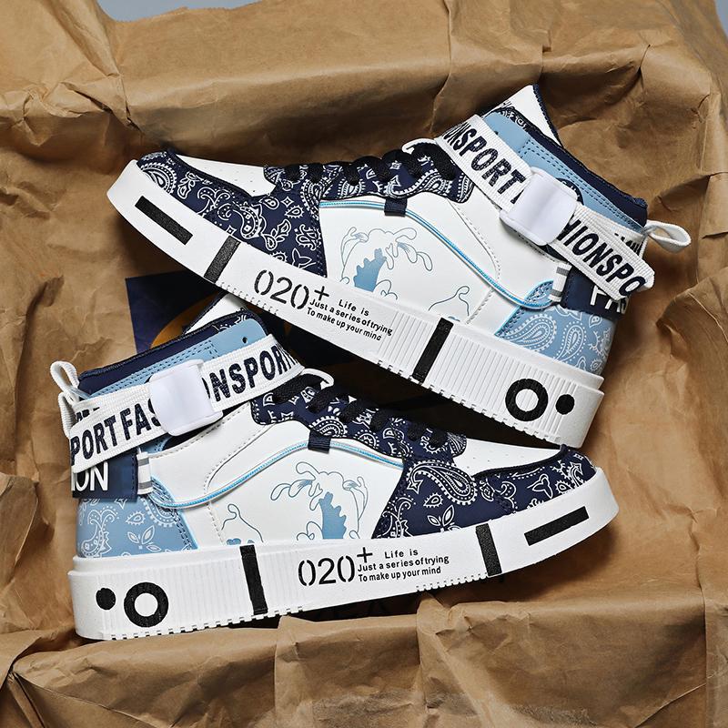 White High-Top Sneakers - Trendy Casual Shoes with Blue Accents