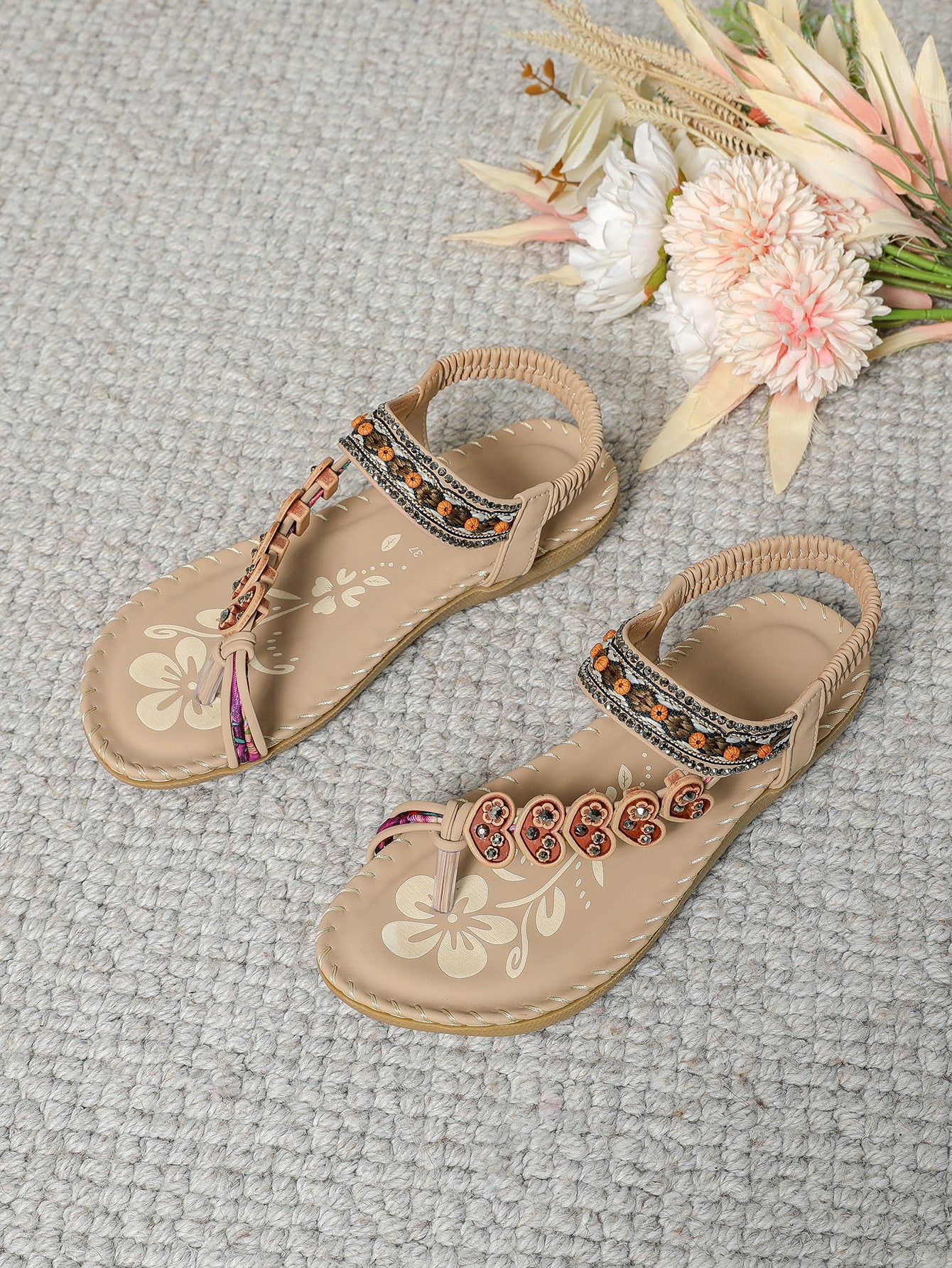ethnic style women's shoes, summer fashion beach flat sandals, beaded diamond
