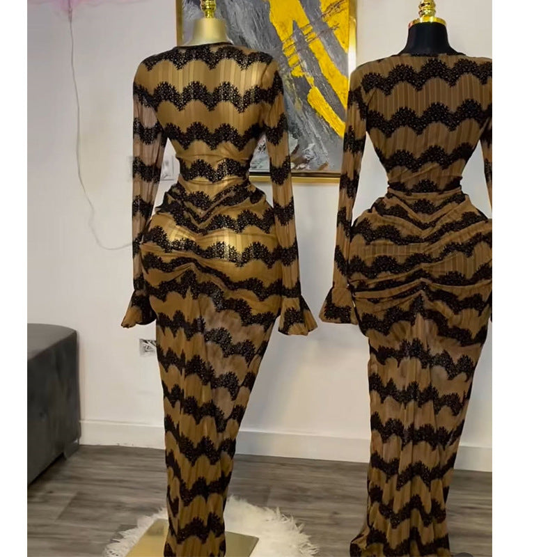 African Print Long Sleeve Bodycon Dress - Elegant Lace Pattern Evening Wear