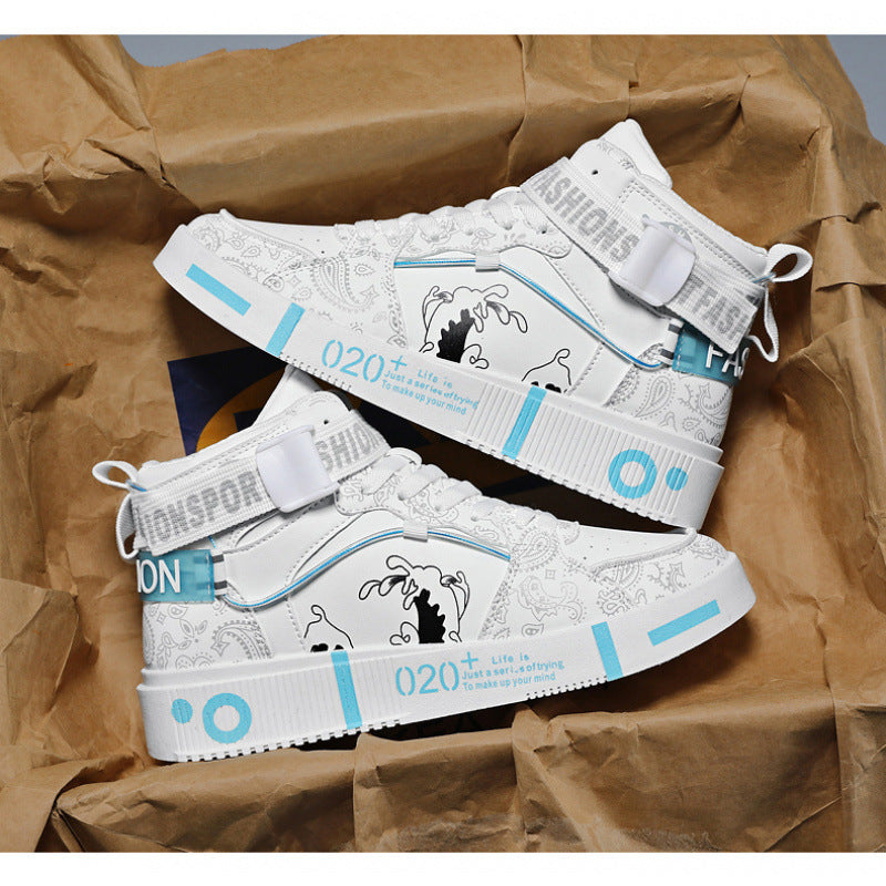 White High-Top Sneakers - Trendy Casual Shoes with Blue Accents