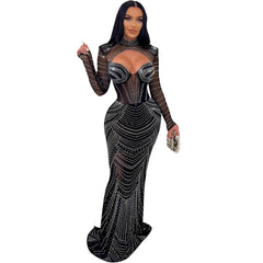 Cross-border summer European and American women's sexy mesh hot diamond