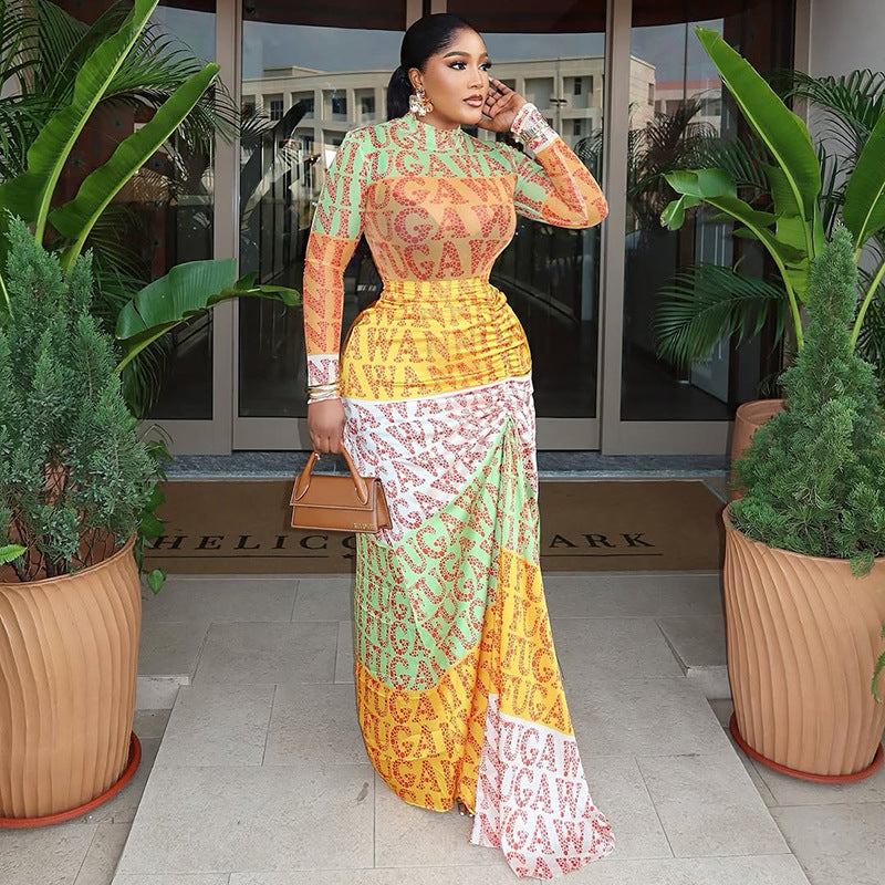 Colorful Printed Maxi Dress - Long Sleeve High Neck | MTS-Glamour