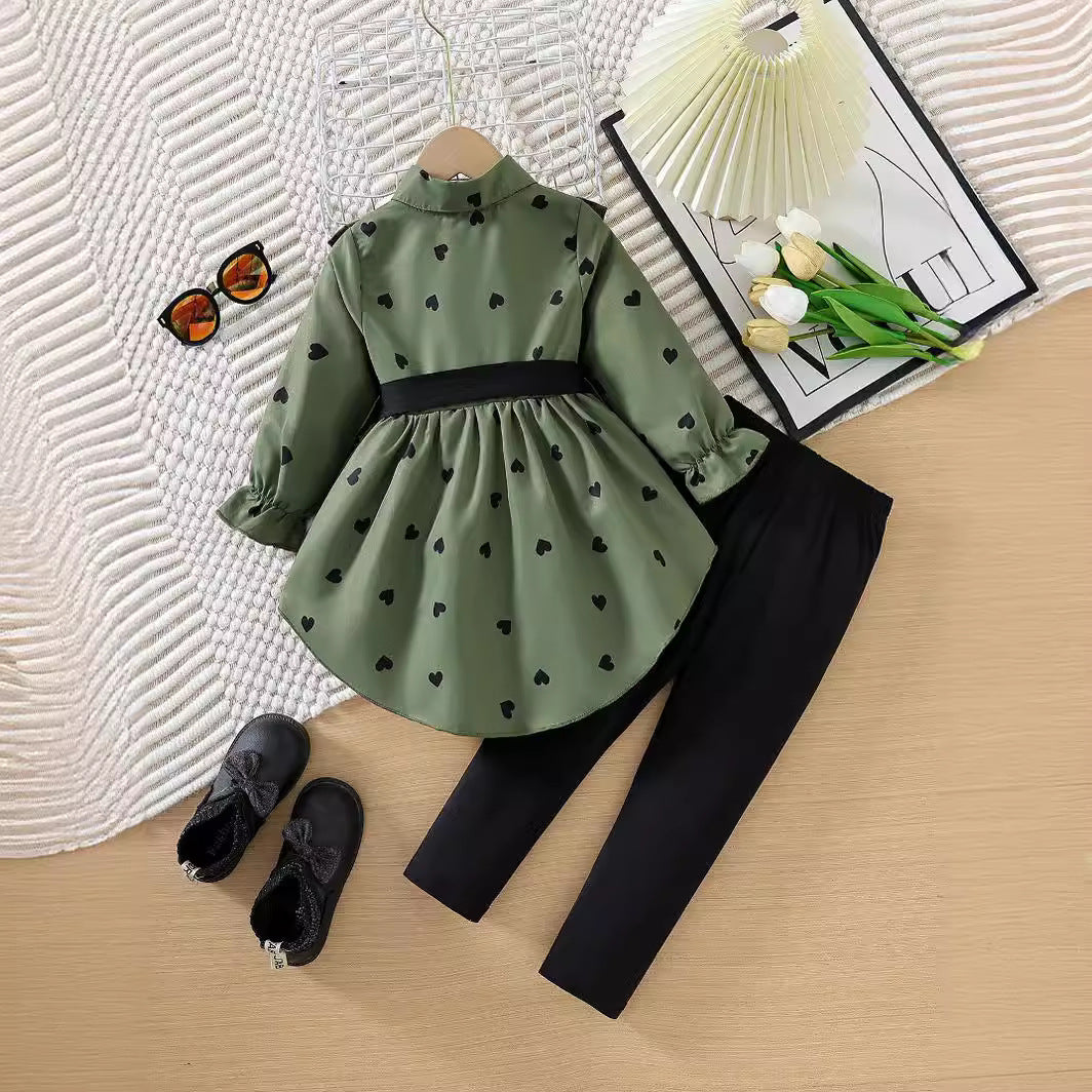 Chic Girls Fashion Long Shirt Dress with Belt Leggings Set