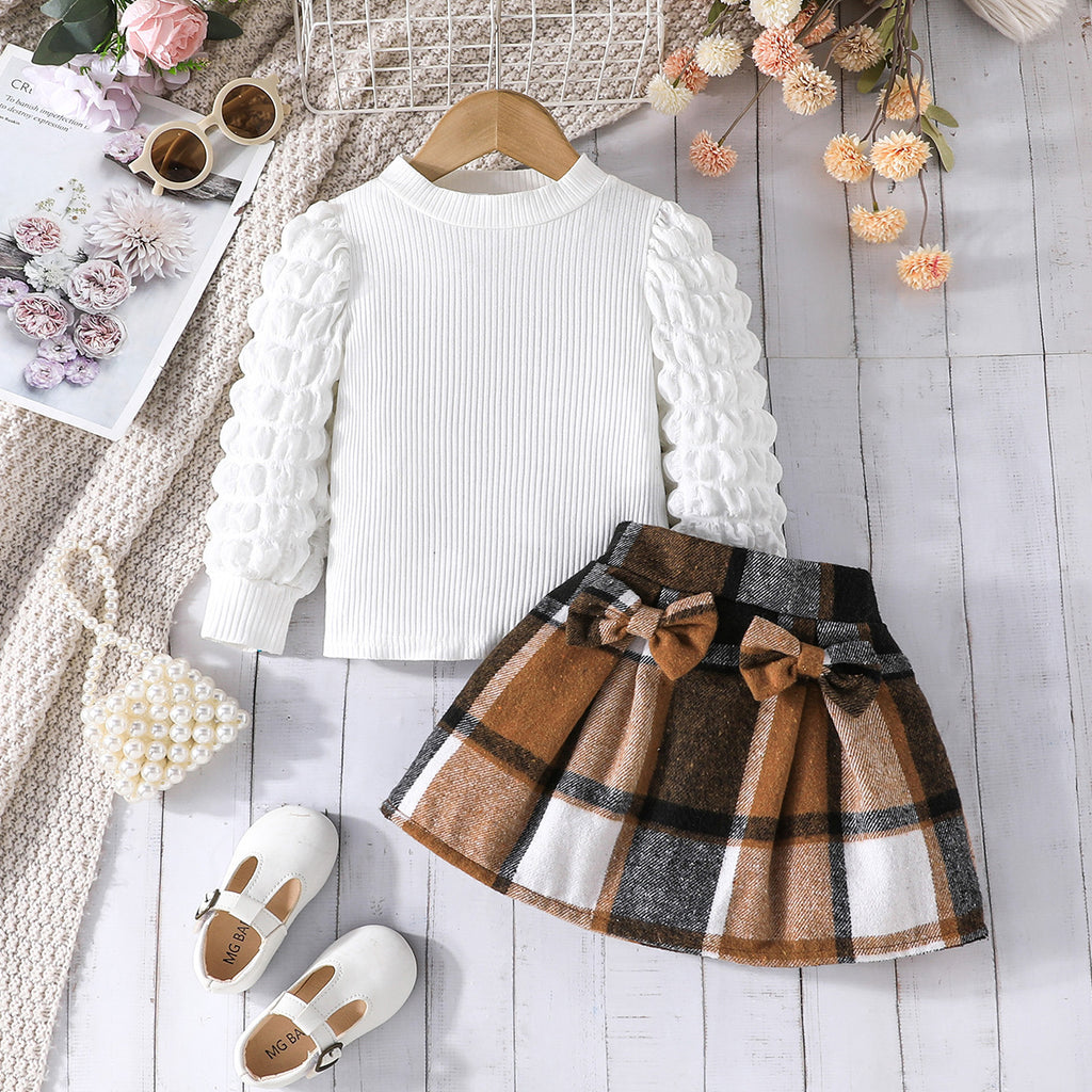 New puff sleeve top + plaid skirt European and American cross-border girls' fashion