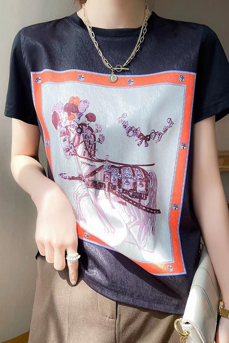 Silk T-shirt women's round neck knitted silk print pattern short sleeve