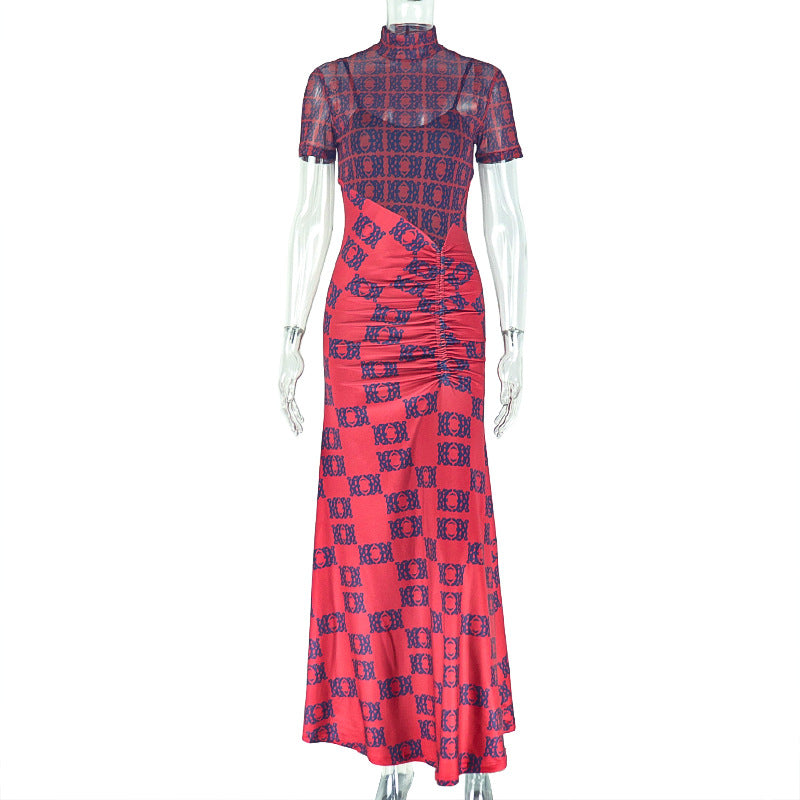 Red Chain Print High Neck Dress - Elegant Pleated Bodycon Tunic | MTS-Glamour