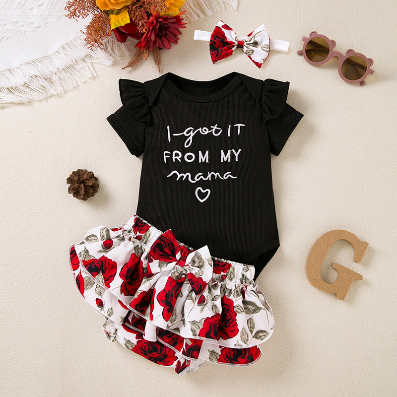 Summer baby clothes set embroidered letter flying sleeve hayi rose PP bottoms short skirt 3 pieces baby dress