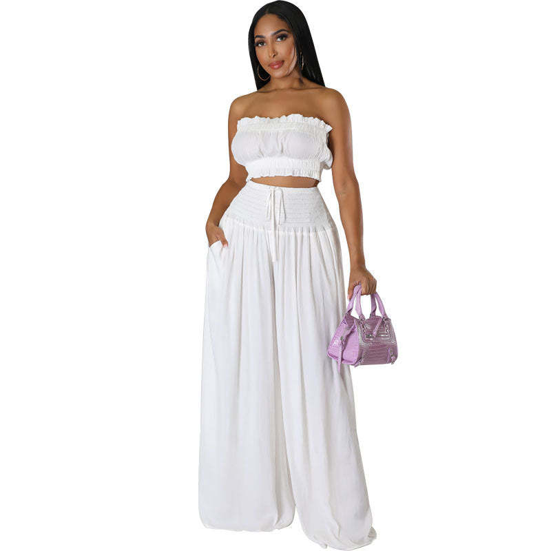 Women’s 2-Piece Wide Leg Summer Set – Strapless Crop Top & High Waist Pants