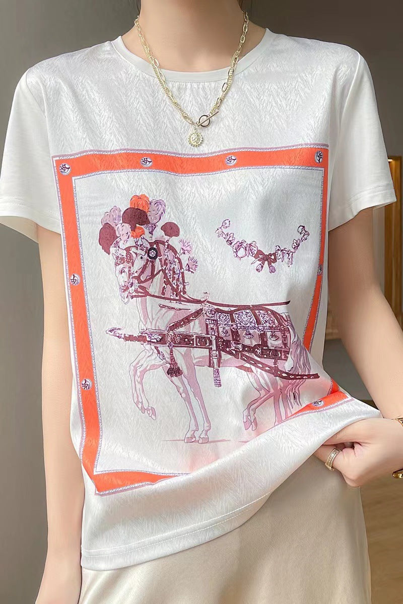 Silk T-shirt women's round neck knitted silk print pattern short sleeve
