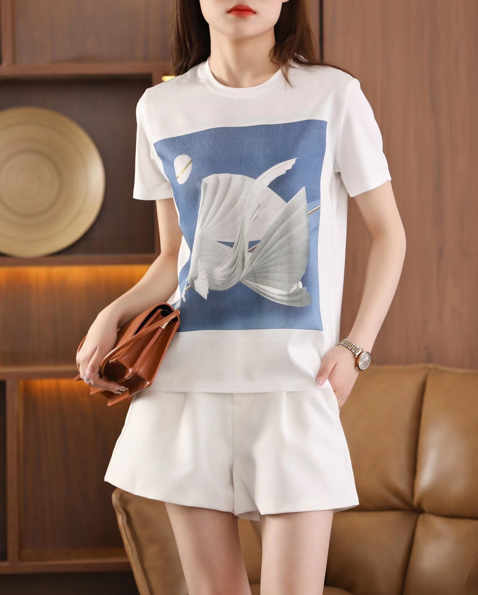 Silk T-shirt women's round neck knitted silk print pattern short sleeve