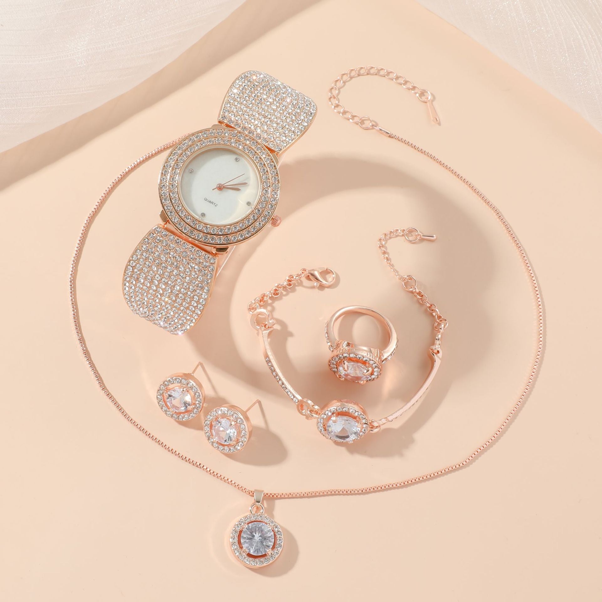 Rose Gold Crystal Jewelry Set - 5 Piece Watch Necklace Earrings Bracelet Collection