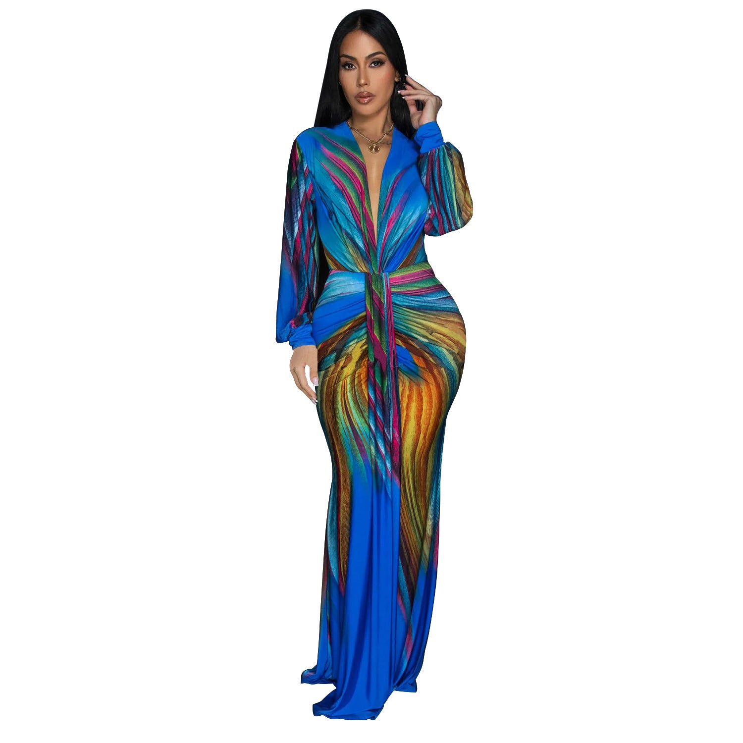 European and American fashion women's dress, pleats, color-blocked casual dresses, long