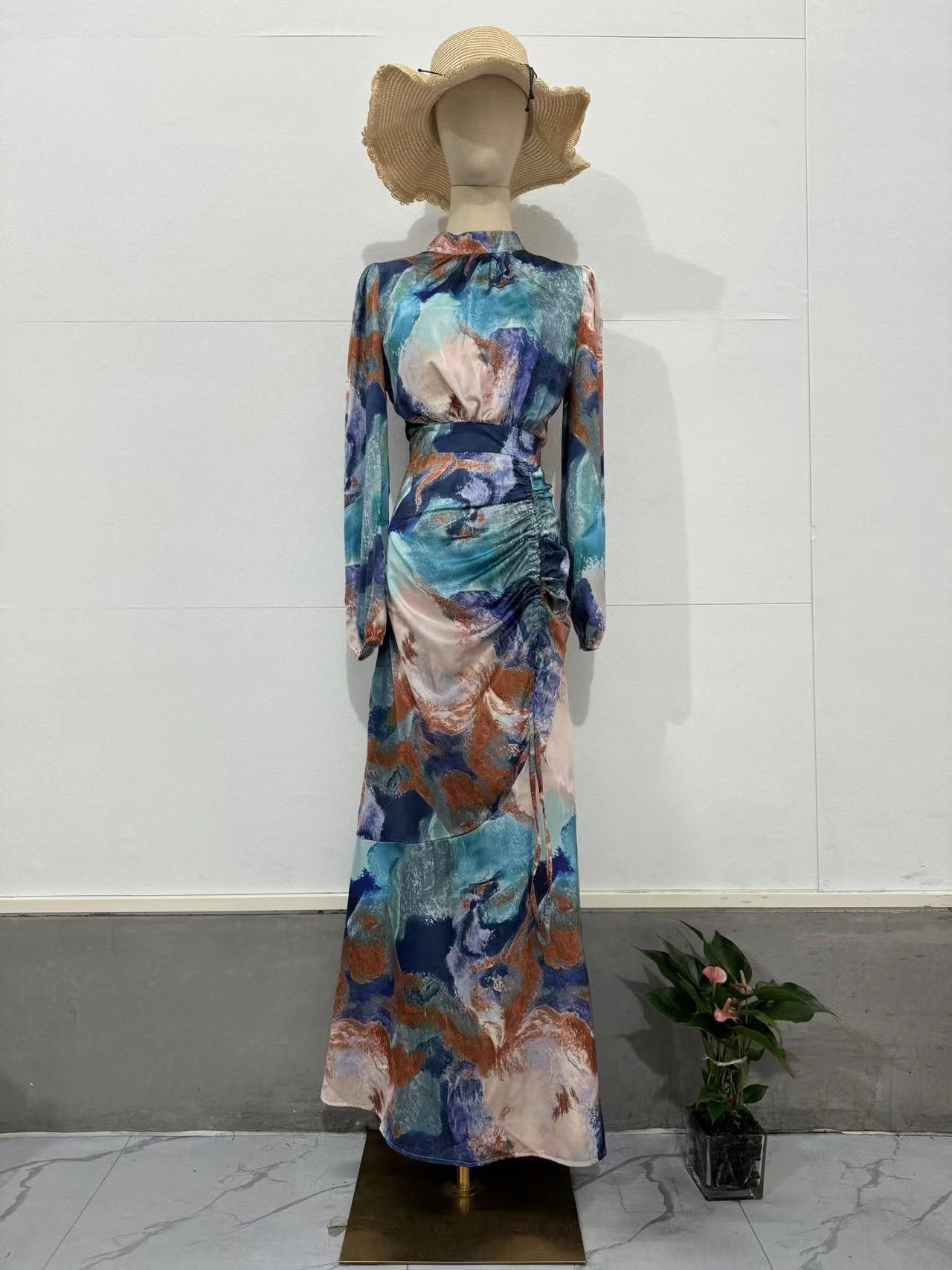 Pleated Cinched Waist Slim Exotic Long Sleeve Midi Dress Women