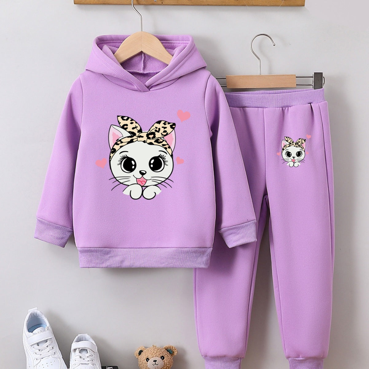 Girls' fashion sweatshirt two-piece kitten print girl autumn and winter