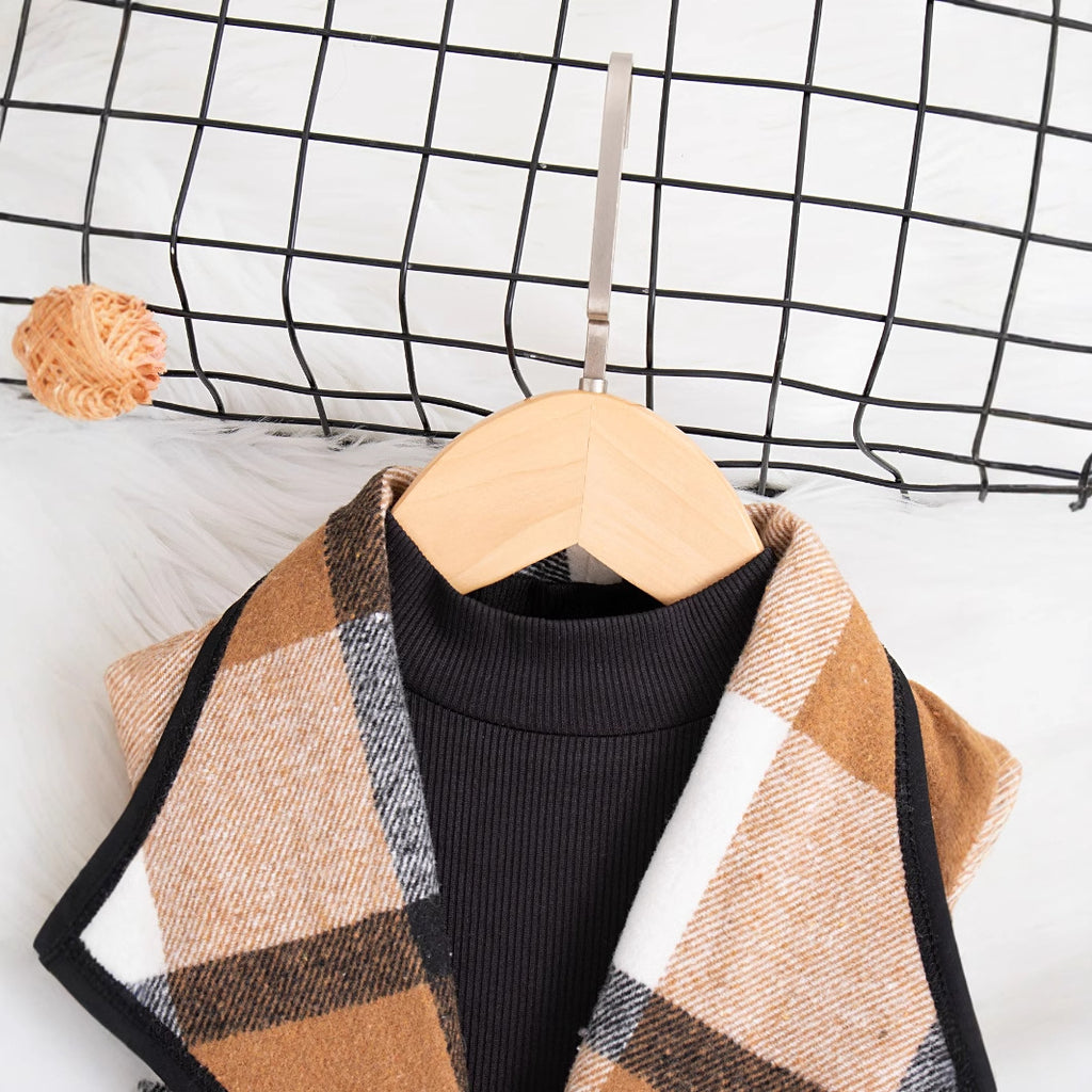 plaid lapel sleeveless long vest jacket + solid color pit strip half-high neck long-sleeved