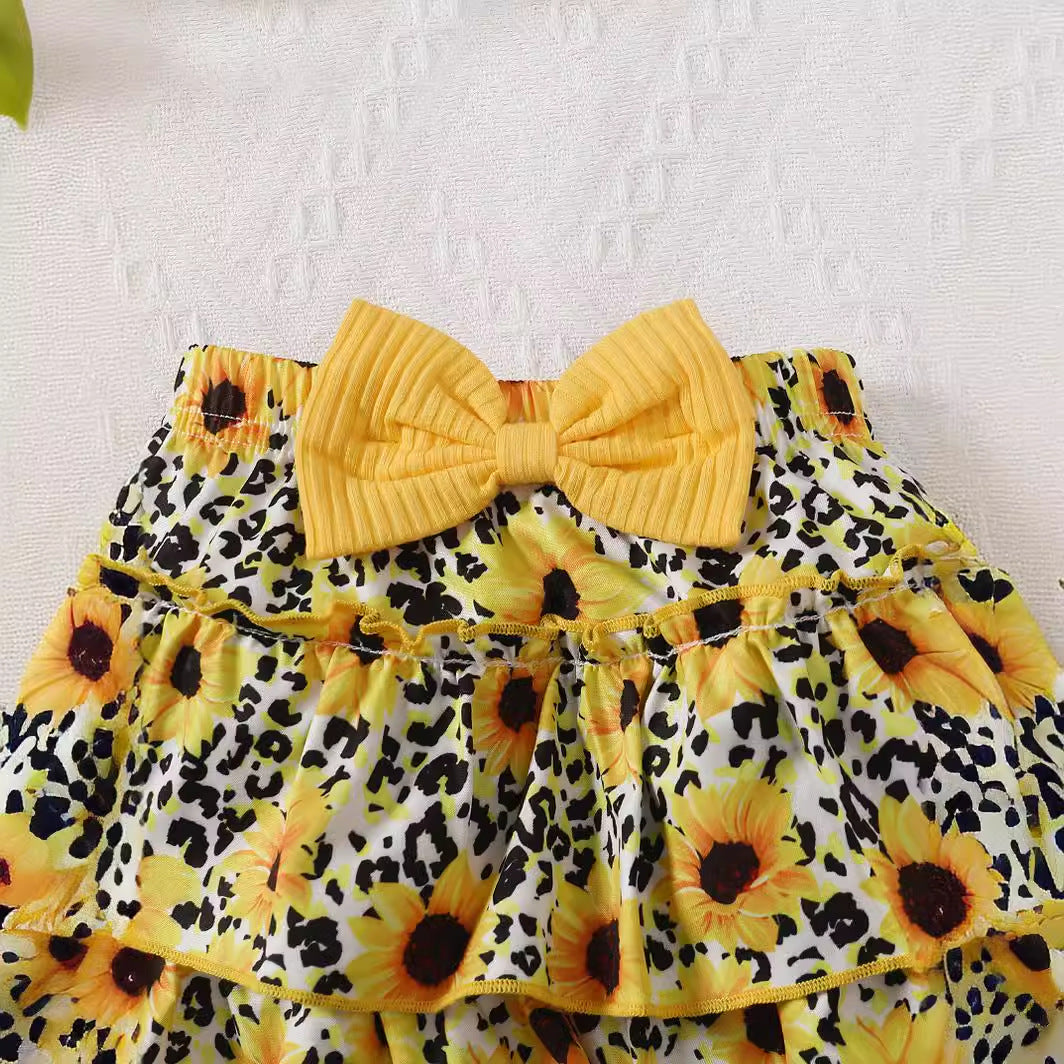 Girls' suits sleeveless off-the-shoulder tops, sunflower print skirts