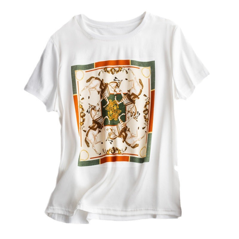 Silk T-shirt women's round neck knitted silk print pattern short sleeve