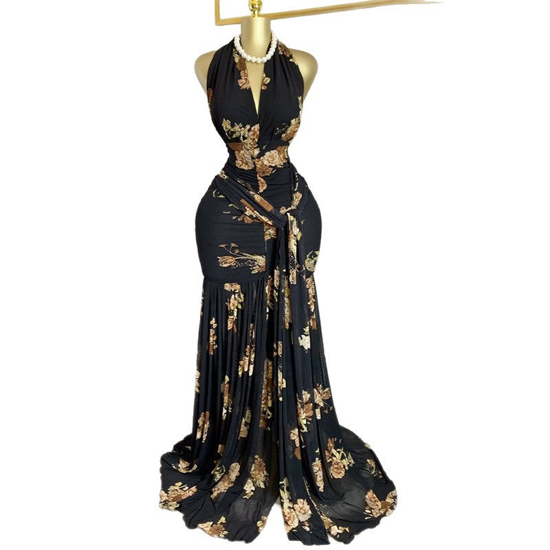 Black Floral Halter Maxi Dress - Elegant Evening Gown | MTS-Glamour