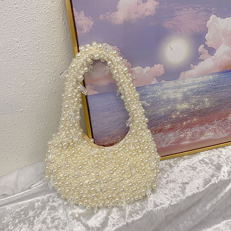 Pearl Beaded Handbag Luxury Yellow Designer Shoulder Bag with Crystal Details