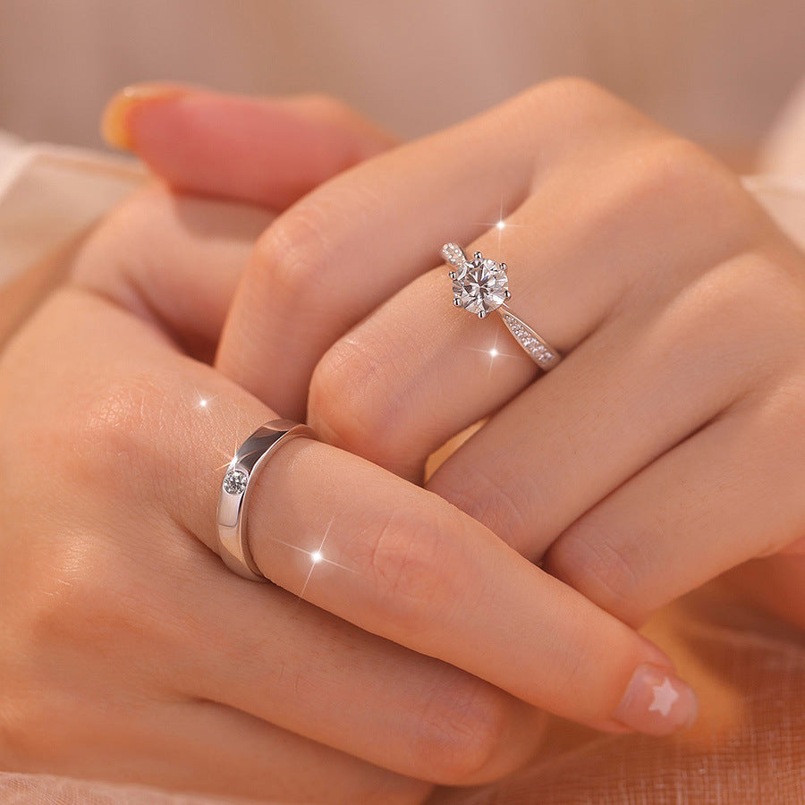 Imitation moissanite live mouth ring, couple ring, man and woman pair 1 carat diamond ring, wedding engagement and marriage proposal