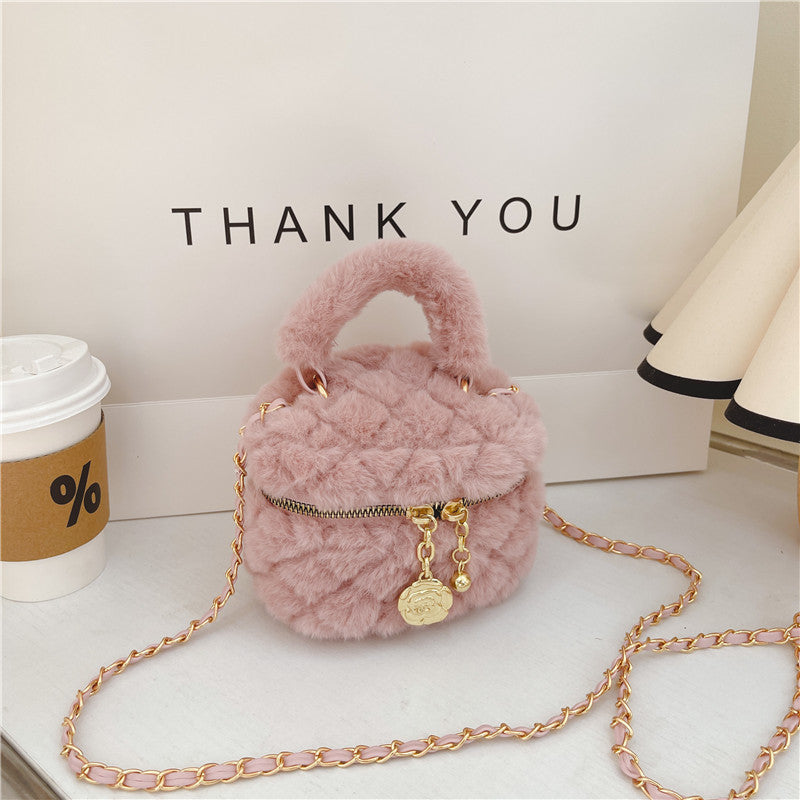 Cute Furry Mini Handbag for Kids Princess Style Chain Bag with Gold Accents