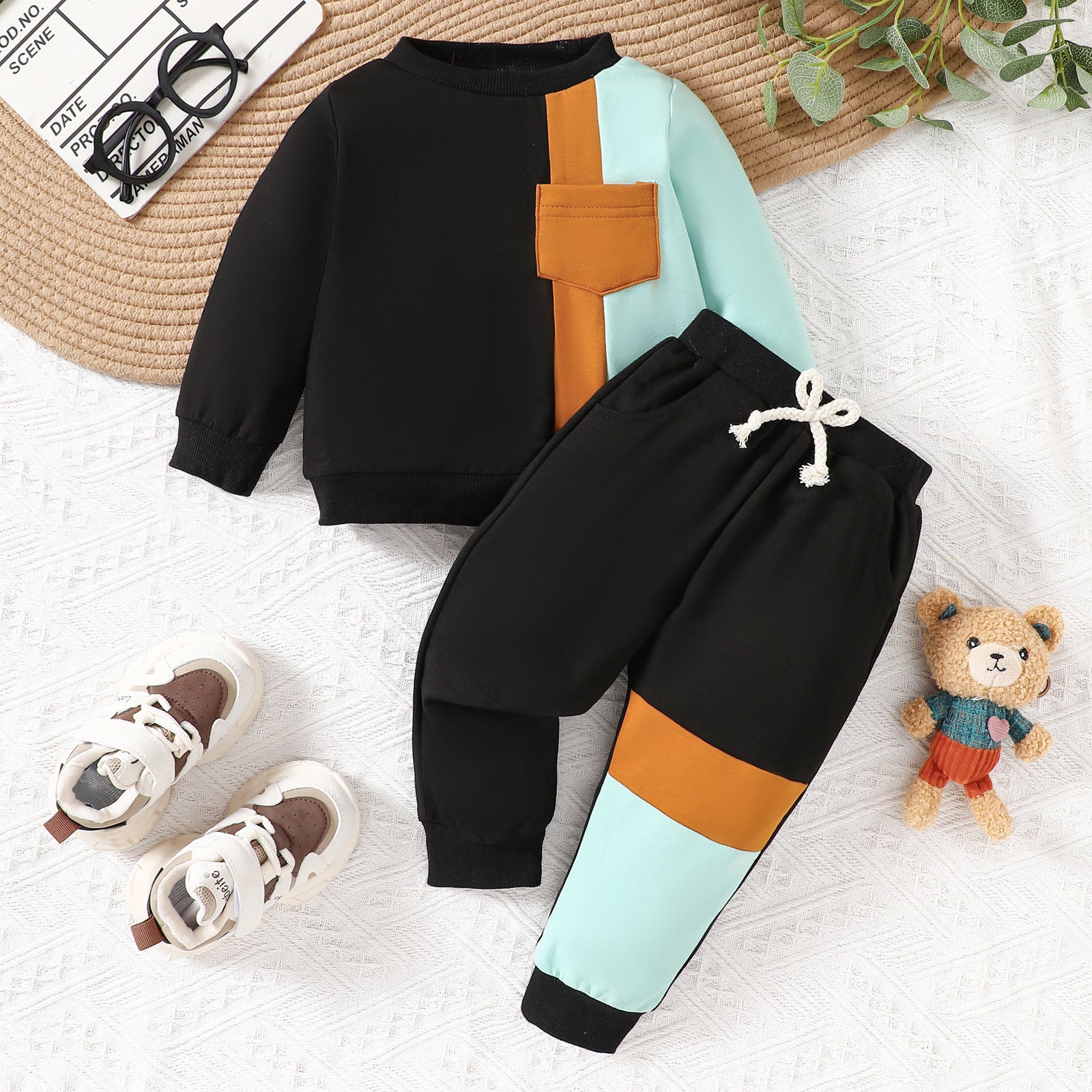 Kids Color Block Sweatsuit Set - Black Orange Mint Tracksuit for Boys & Girls