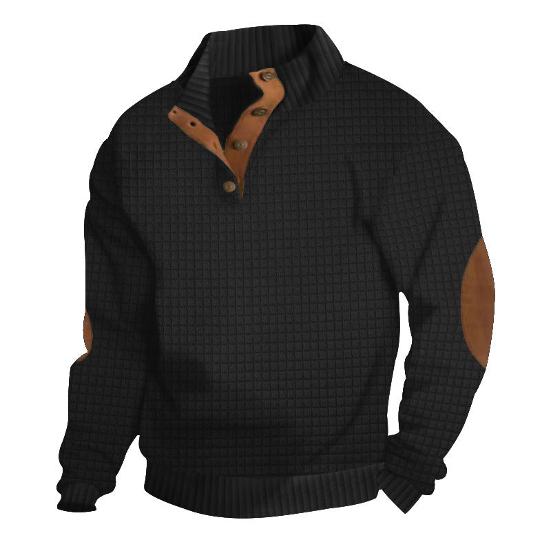 Men's Quilted Knit Sweater with Leather Elbow Patches - Stand Collar Button Pullover