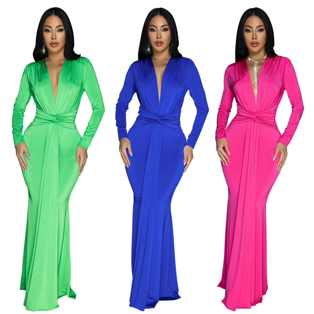 Europe and America Sexy Deep V Slim Long Sleeve Solid Color Dress Party
