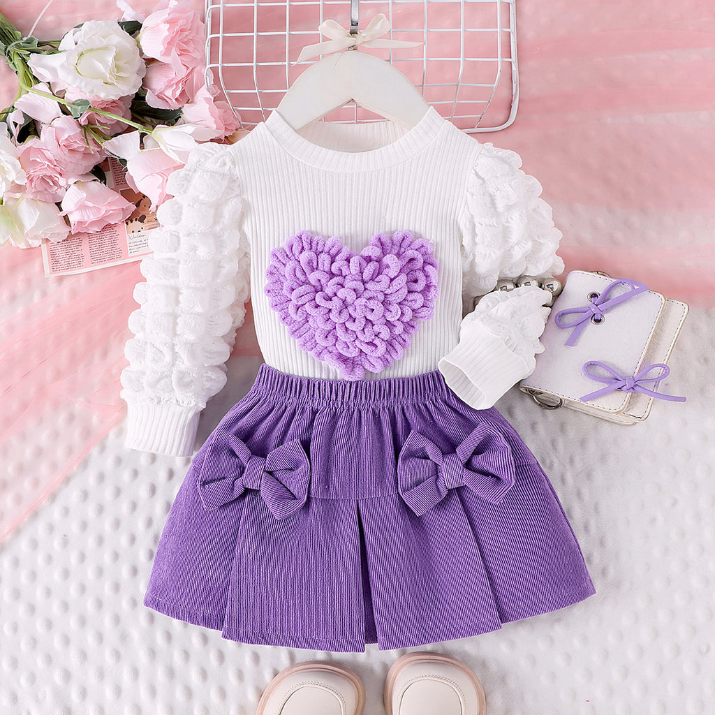 Children's suit puff sleeve love top + bow short skirt two-piece set